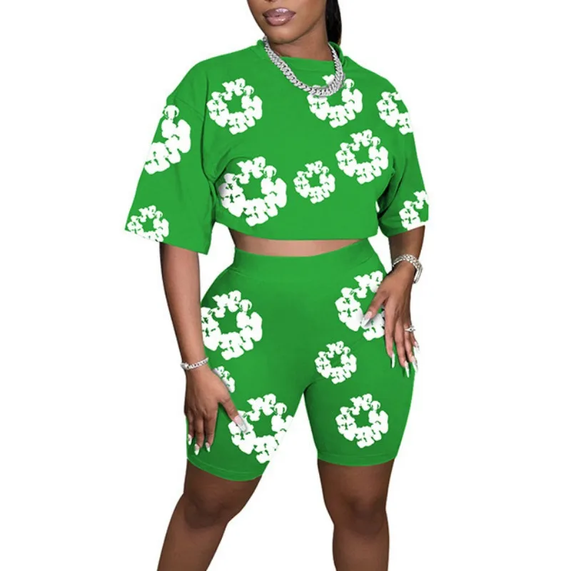 Women's Summer Printed Round Neck Short Sleeve Crop Top & Shorts Set Temperament Commuting Female Fashion Short Pants Outfits