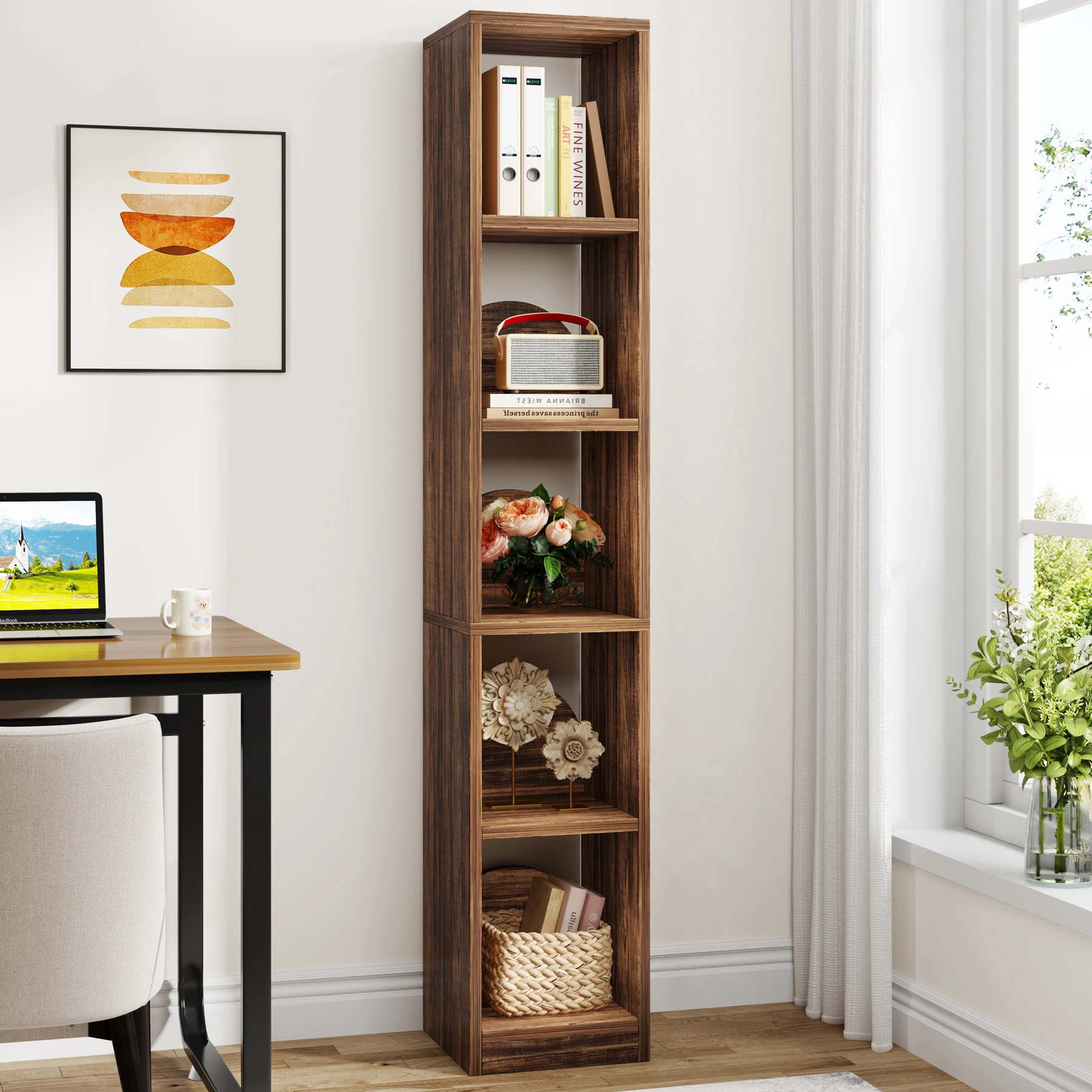 

Tribesigns Narrow Bookcase, 5-Tier Tall Industrial Corner Bookshelf Display Shelf, Skinny Wood Bookshelves and Bookcases
