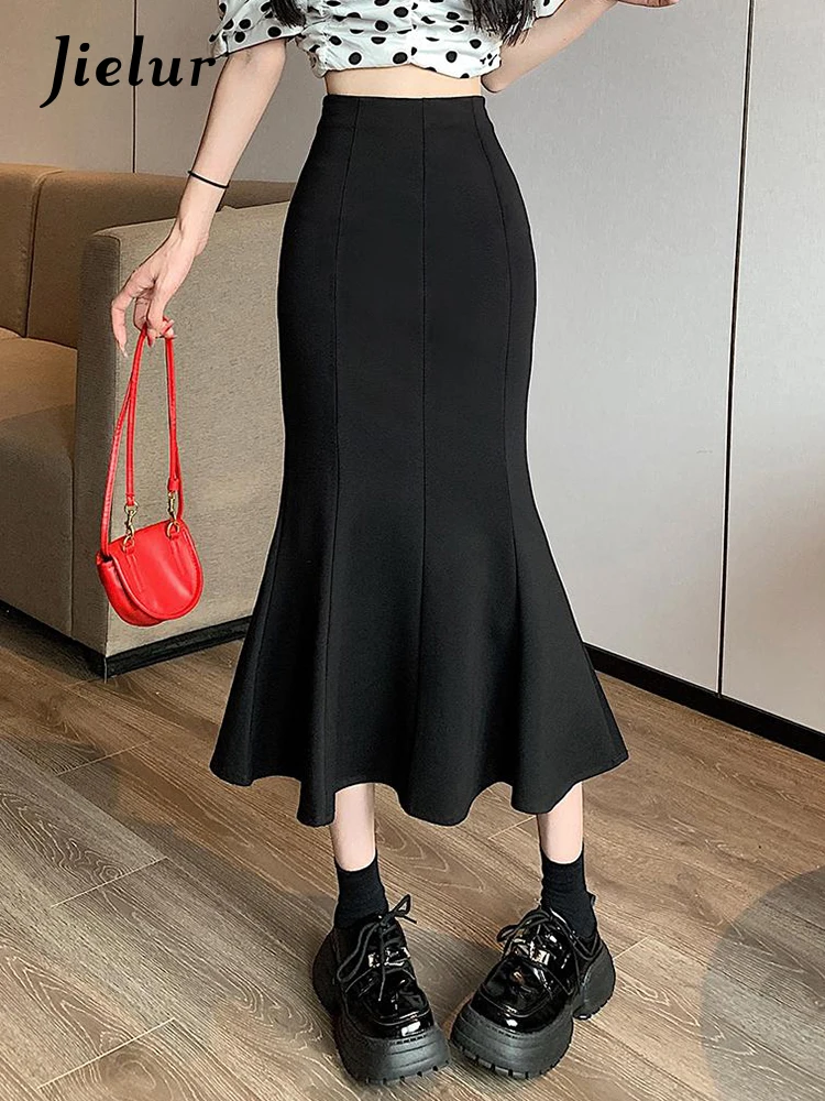 

Jielur Spring New Black High Waist Slim Women Skirts Solid Color Zipper Chic Slight Stretch Fashion Office Ladies Female Skirts