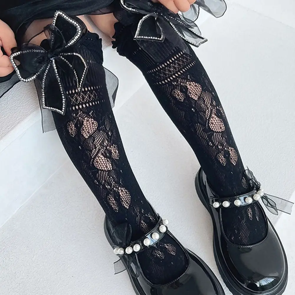 

Lovely Lace Cotton Hollow Out Jacquard Bow Lolita Knee High Socks Korean Style Stockings Kids Hosiery Girls Long Socks