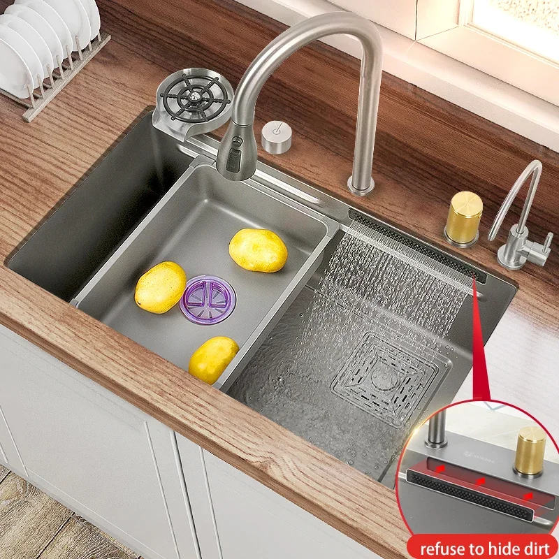 

Kitchen Sink 304 Stainless Steel Large Single Slot With Multifunction Touch Waterfall Faucet For Kitchen Renovation