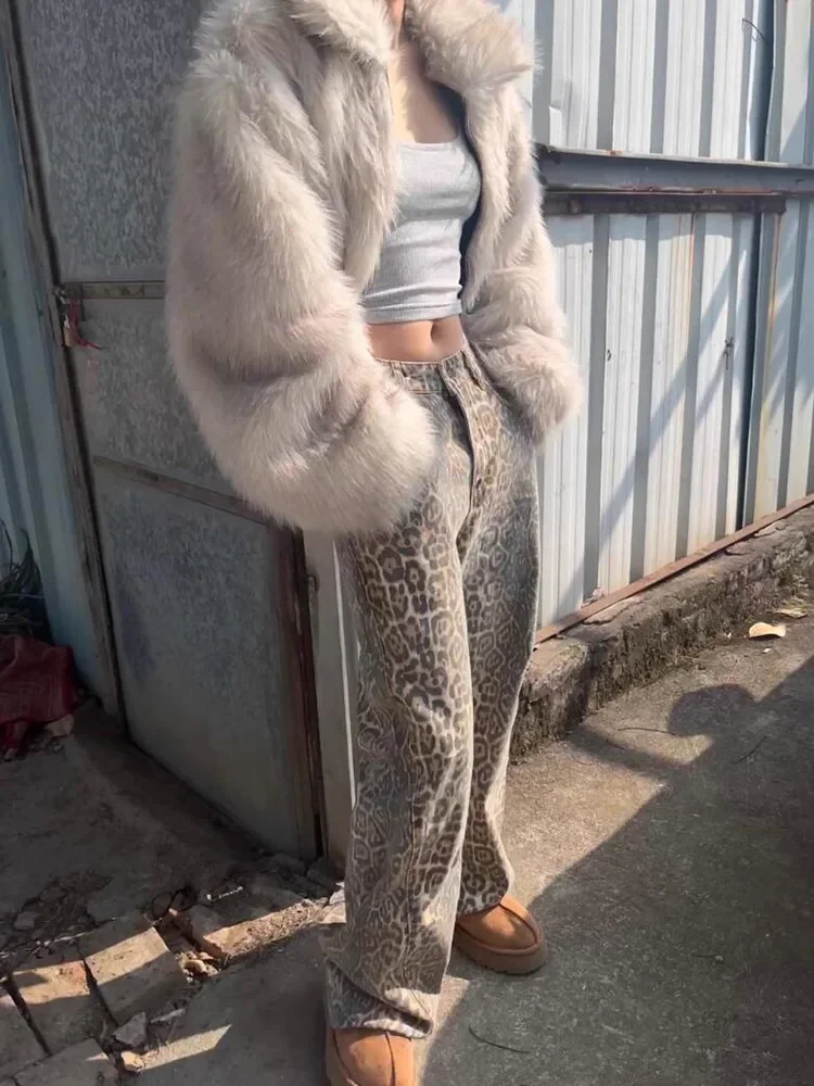 Leopard Print Washed Distressed Wide Leg Pants FemaleFashion Street Slim Women Jeans Casual High Waist New Spring Woman Jeans