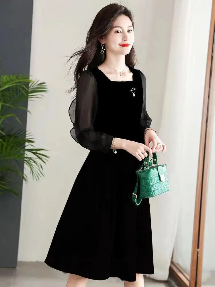 

Summer Black Dress 2023 Fashion Elegant Women Spliced Slim Square Neck Three Quarter Sleeves A-Line Knee Length Oversized 4XL