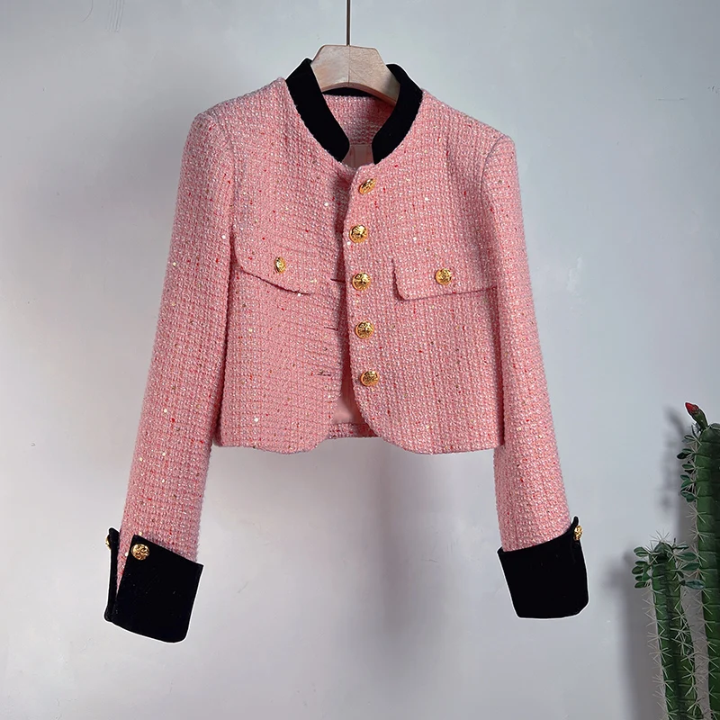 

Runway Sweet Contrast Color Woolen Tweed Brand Jacket Women's Small Fragrance Stand-Up Collar Coats Outerwear Casacos Blouse