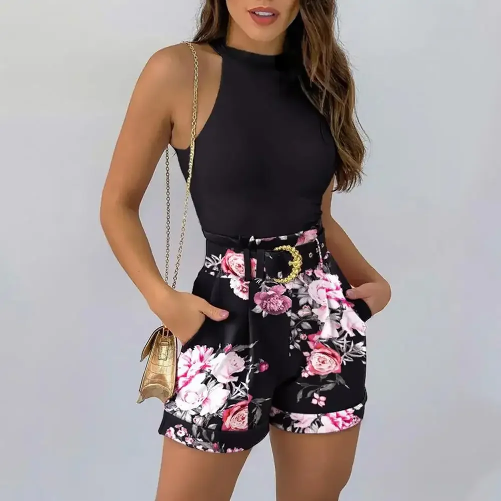 2024 Fashion Summer Floral Two Piece Set Women Sleeveless O Neck Vest Shirts Shorts Set with Belt Elegant Office Lady Clothing