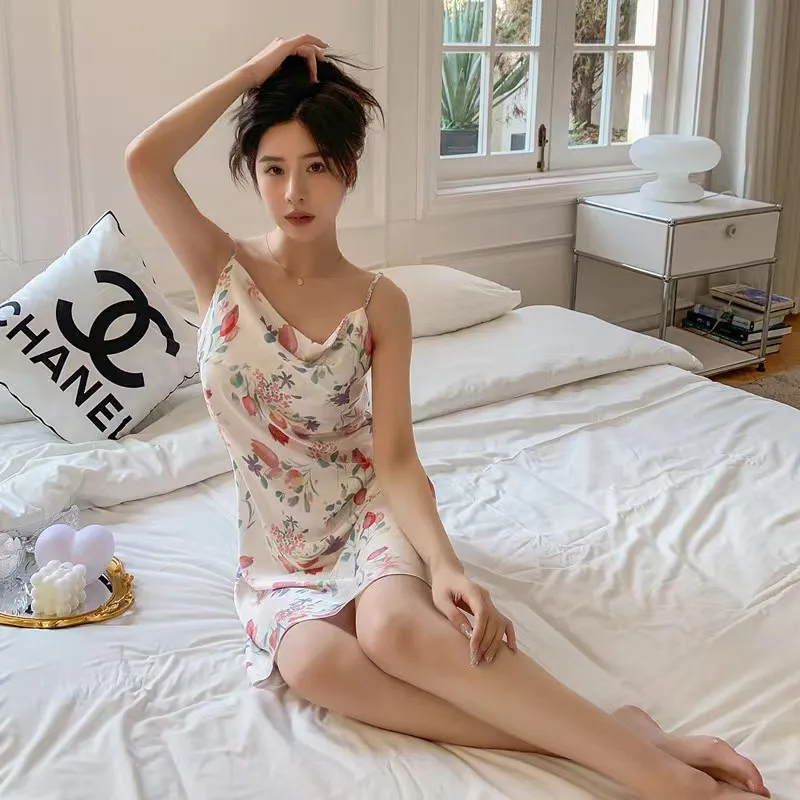 Female Pajamas Set V-neck Slip Dress Tulip Pattern Print Nightgown Ice Silk Sleepwear Leisure Home Clothing for Women in Summer