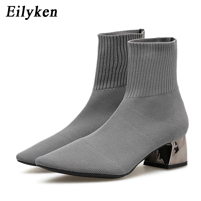 Autumn Winter Knitted Stretch Fabric Socks Women Low Heel Short Boots Gray Pointed Toe Female Ankle Booties EilyKen winter boots,ankle boots