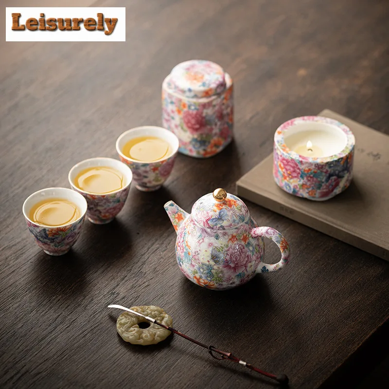 Colour Enamels Flower Tea Set Complete Set Creative Tea Ceremony Set Household Teapot And Tea Cup Set Teaware Accessories Gift
