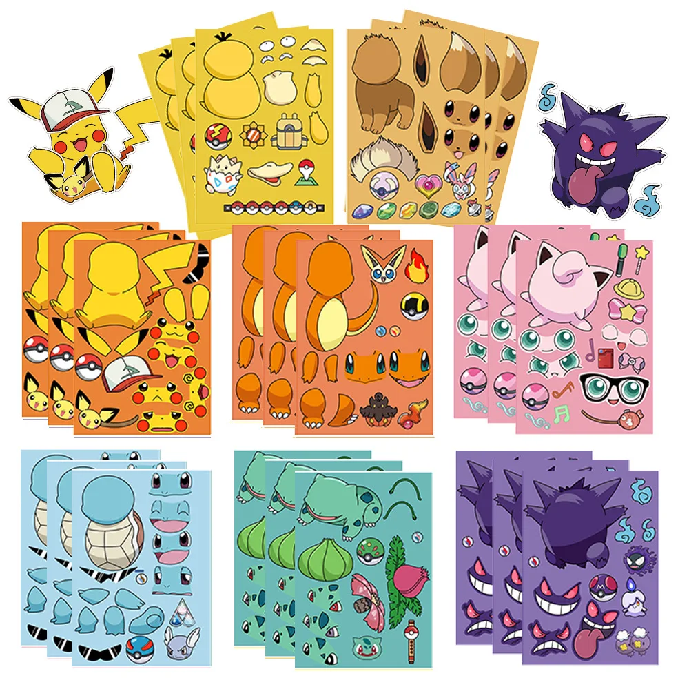 

16Sheets Children DIY Puzzle Sticker Pokemon Face Funny Anime Pikachu Assemble Stickers Kids Toys Boys Girls Gifts