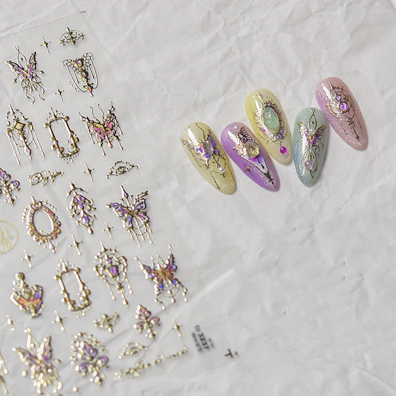 Punk Retro Gems Butterfly Flower Totem Gold Stamping Star 5D Soft rilievo rilievo Nail Art Sticker 3D decalcomania decorazione Manicure