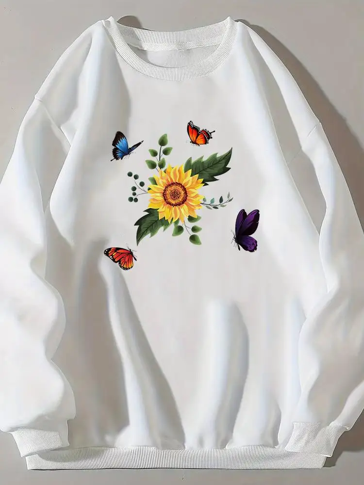 

Women Flower Lovely Style Trend Cute Fashion Clothing Fleece Long Sleeve Print Sweatshirts Clothes Ladies Graphic Pullovers