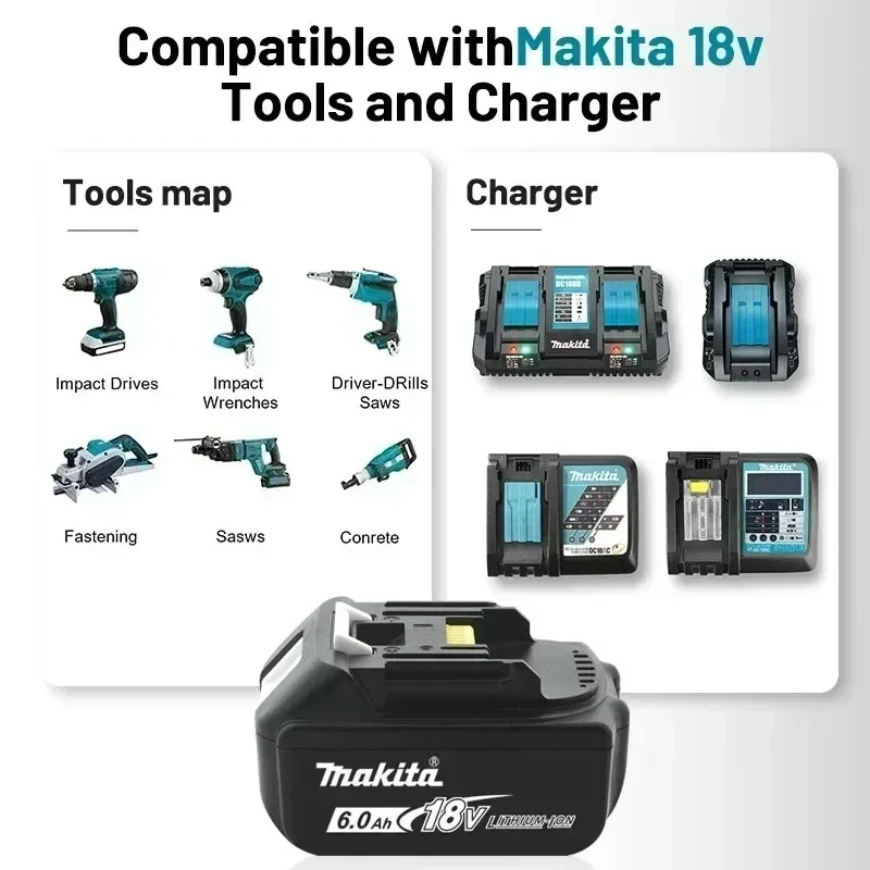 Original Makita Lithium-Ion Rechargeable Battery 6.0Ah 18V BL1860 BL1830 BL1850 BL1860B Replacement Battery for Power Tools