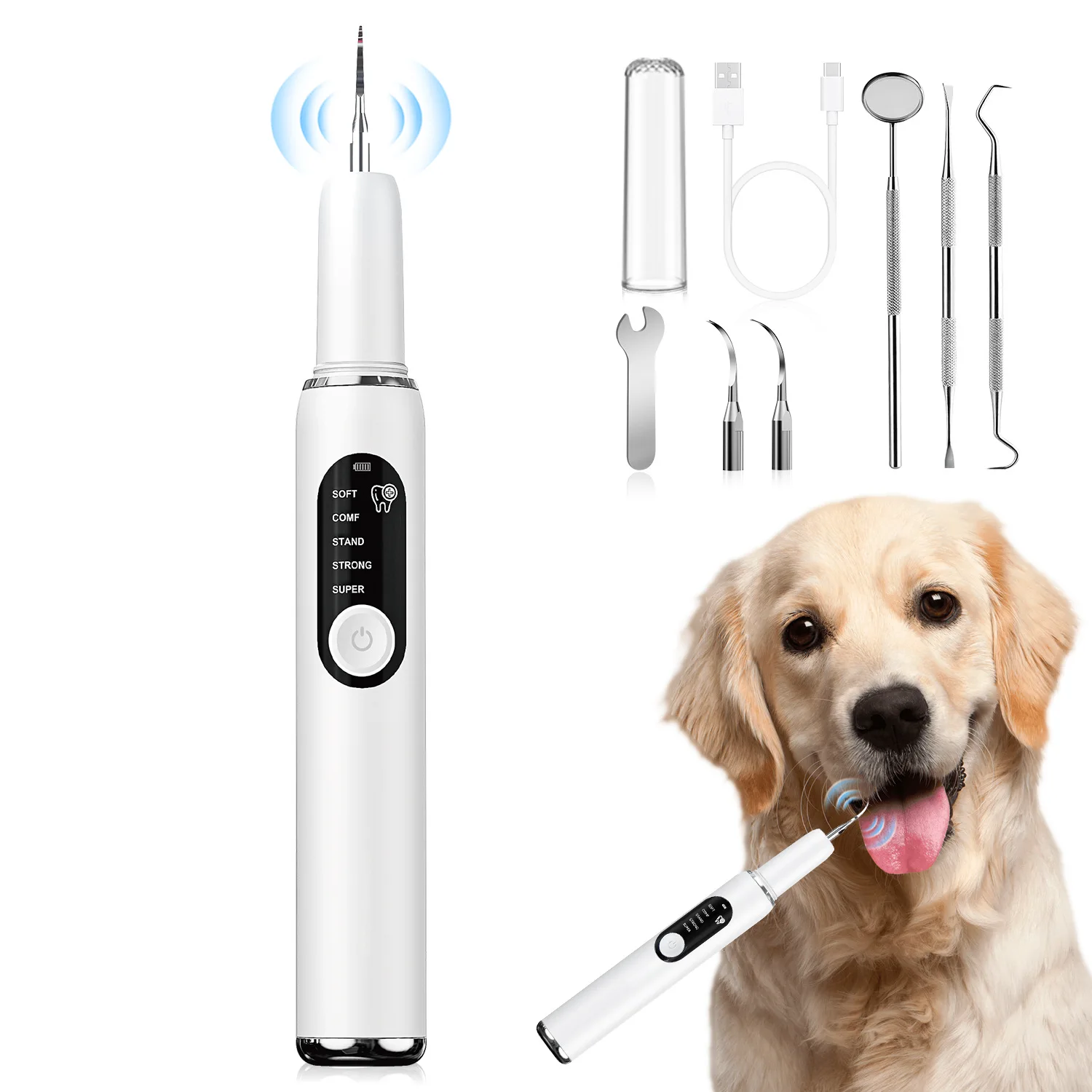 Dog Teeth Cleaning Kit Ultrasonic Canine Plaque Remover Teeth LED Light 5 Modes USB Charge Sonic Tooth Cleaner
