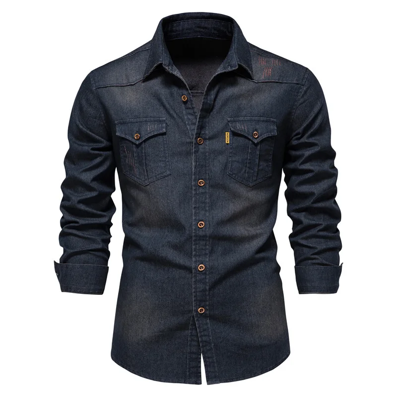 Men's Denim Shirt High Qualituy Elastic Cotton Long Sleeve Shirt Black Casual Slim Clothing Navy Blue Mens Fashion Shirt 2023