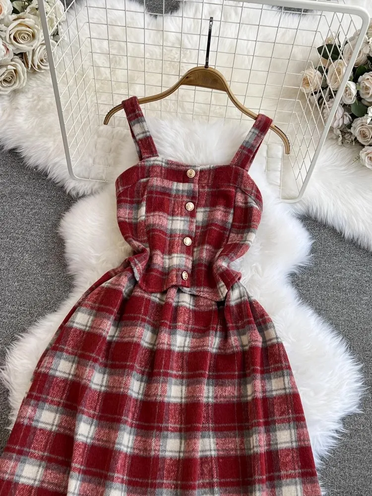 New Fashion Plaid Woolen Dress Women Autumn Winter Spaghetti Strap
