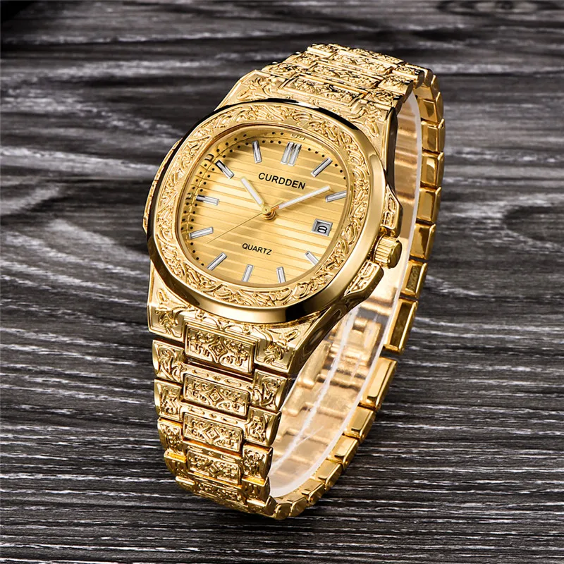 Men Original CURDDEN Brand Designer Watches Casual Alloy Band Simple Cool Unique Carve Design Date Quartz Wrist Watch Golden