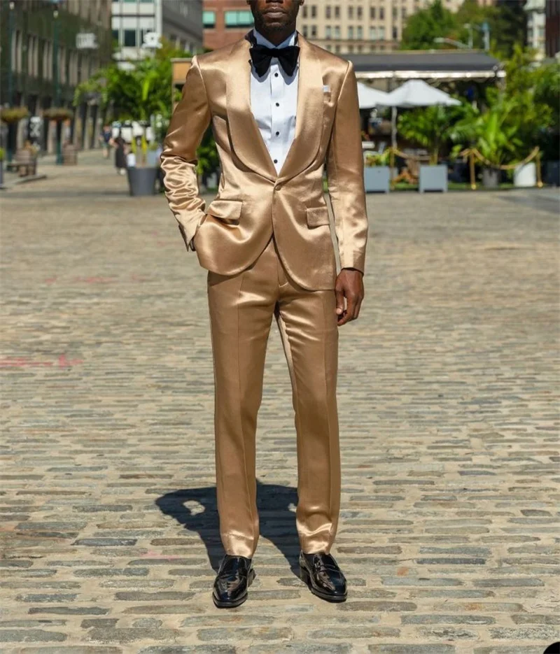 

Gold Silk Satin Men Suit Wedding Groom Tuxedos 2 Piece Blazer+Pants Custom Made Single Breasted Plus Size Formal Prom Dress