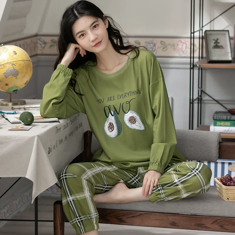 Spring Autumn Women's Pure Cotton Pajamas Round Neck Long Sleeve Pullover Pants Casual Home Clothing Set Comfortable Sleepwear