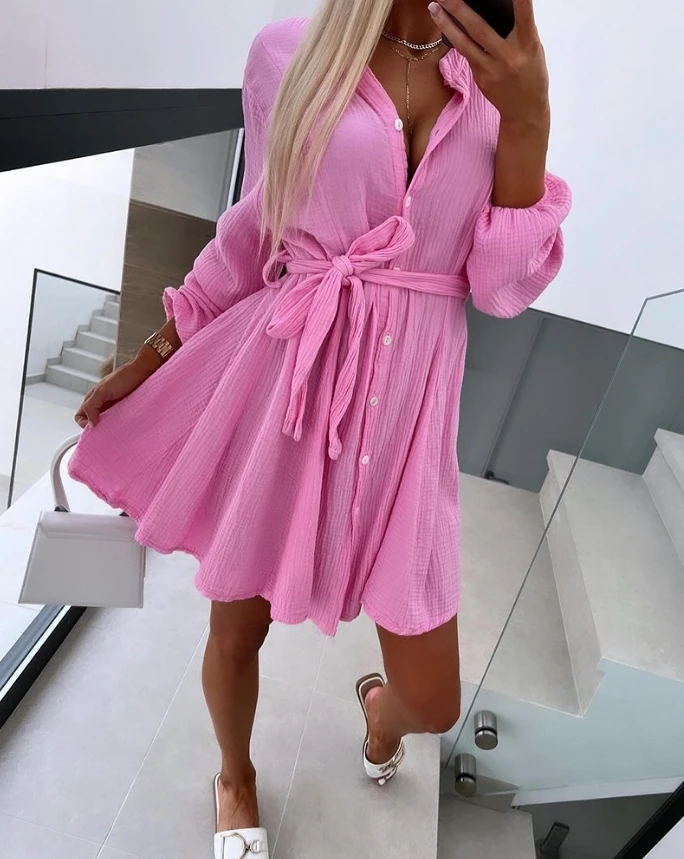 

Women's Dress Tied Detail High Waist Buttoned Turn-down Collar Long Sleeve Shirt Dress Casual Solid Color A-line Mini Dress