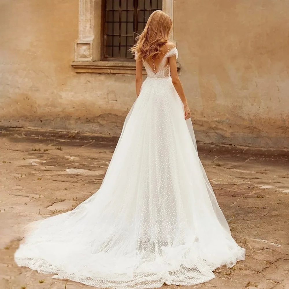 Abiti da Sposa Personalizzati Romantici con Spalle Scoperte e Perline in Tulle 2026 Nuovo Elegante Abito da Sposa a Trapezio con Perline, Balze e Ricami - immagine 5