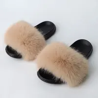 Women'S Faux Fox Fur Slippers Large Summer Open-Toe Fluffy Casual Anti-Slip Sandals Fluffy Black Slide Fur Slider - Image 6