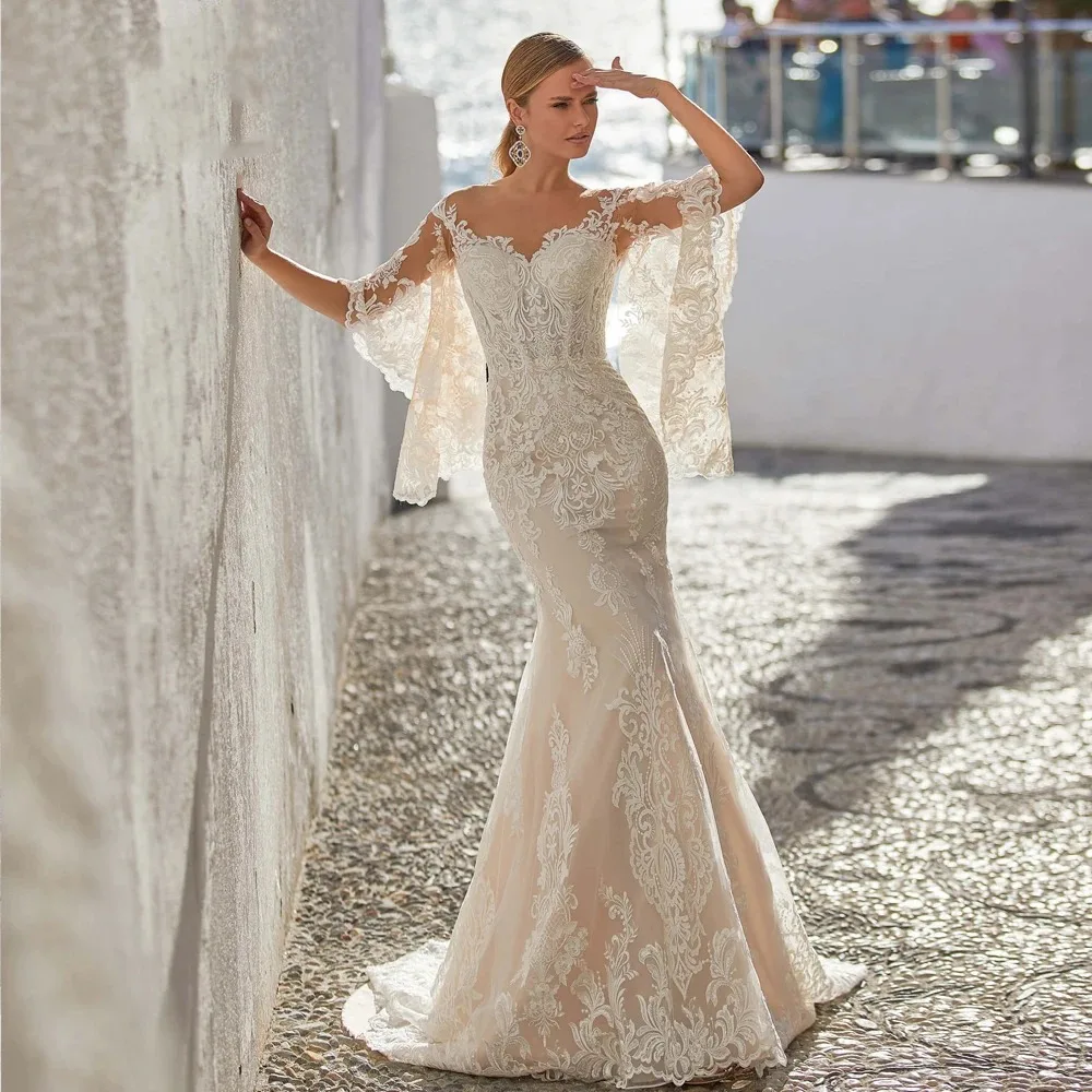 Boho Mermaid Wedding Dress Sheer O-Neck Half Bat Sleeves Appliques Lace Up Backless Beach Bridal Gown Elegant Robes De Mariée