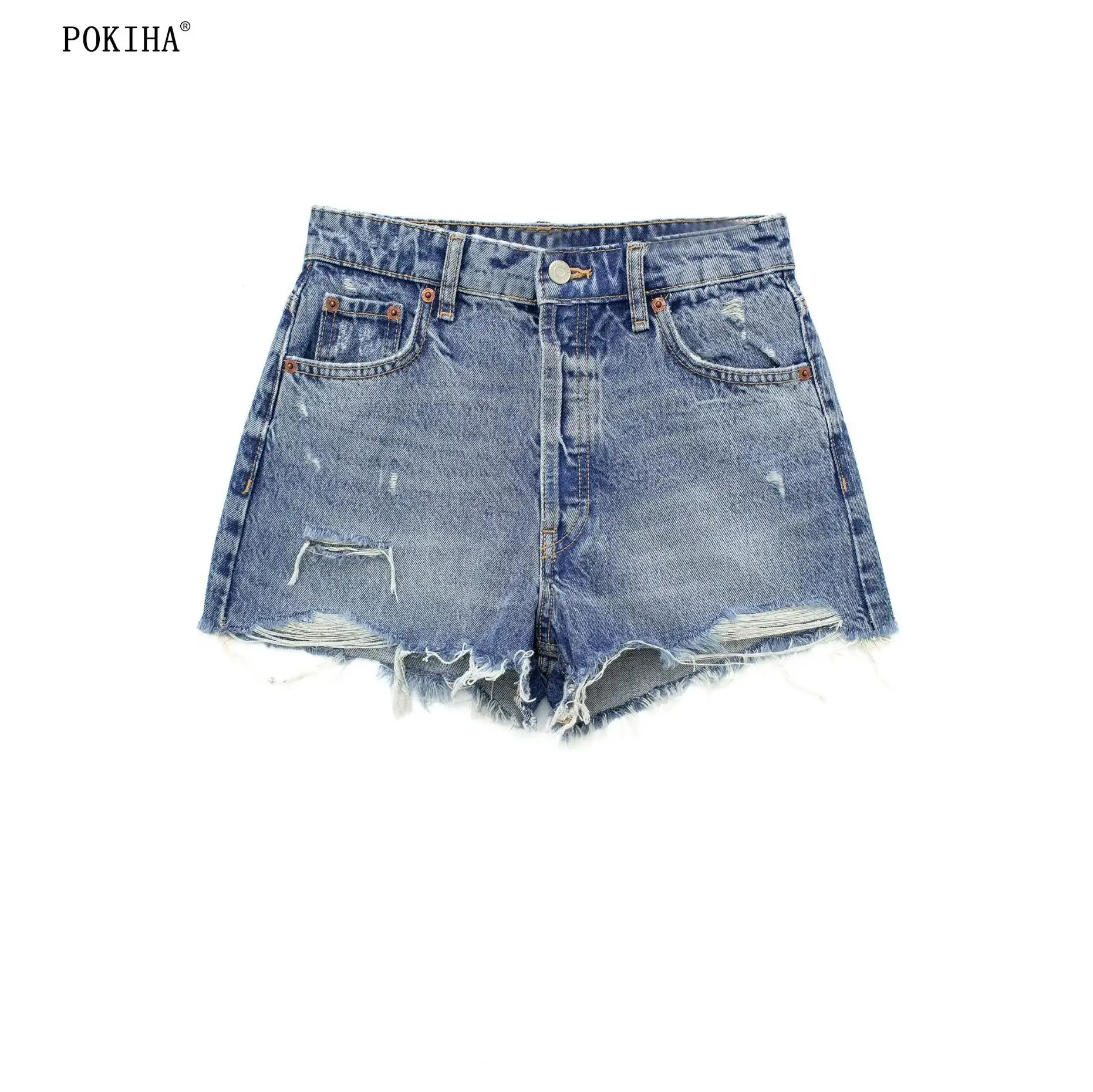 

Pokiha Fashion Women Vintage Side Pockets Hem Broken Hole Denim Shorts Ladies Casual Slim High Waisted Hot Chic Pantalone Cortos