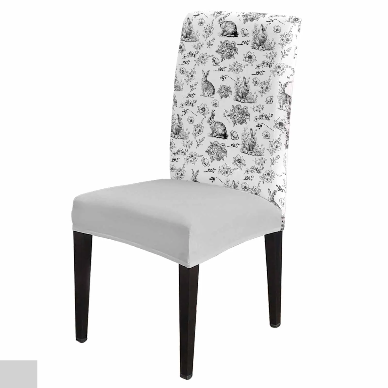 

Hand Drawn Rabbit Flower Black And White Stretch Chair Cover for Dining Room Banquet Hotel Elastic Spandex Seat Chair Covers