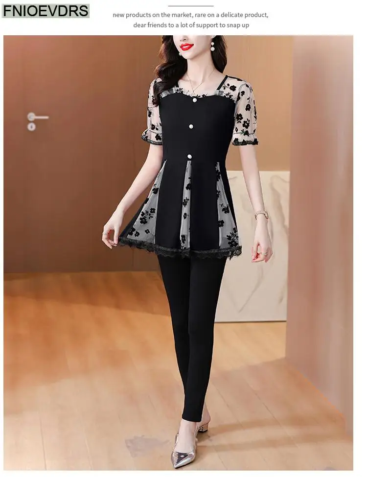 Hot Sales Autumn 2024 Women European Fashion Elegant Black Shirt Sheer Mesh Ruffles Casual Tunic Belly Peplum Tops And Blouses