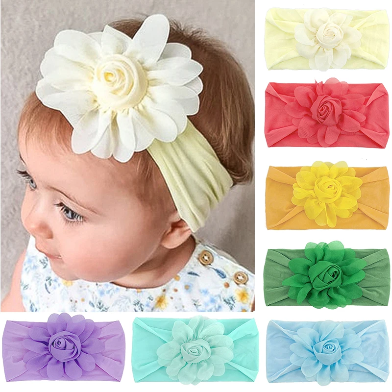 2022 New Cute Infant Headwraps Soft Stretch Chiffon Flower Baby Headband Newborn Knot Wide Nylon Girls Headscarf Photo Props |