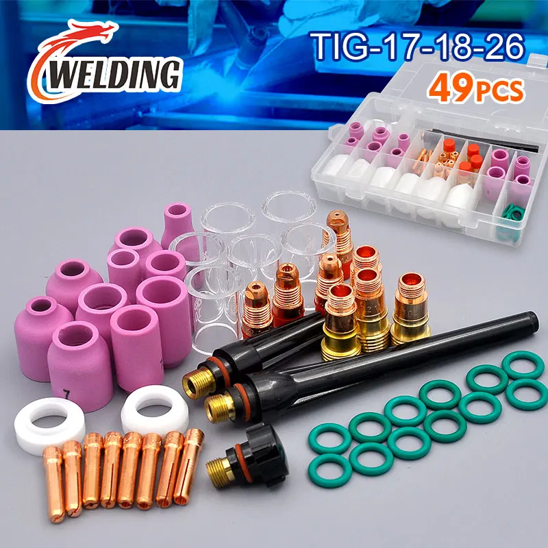 Tig 49pcs Welding Kit Wp17 Wp18 Wp26 Consumables Stubby Gas Lens Pyrex