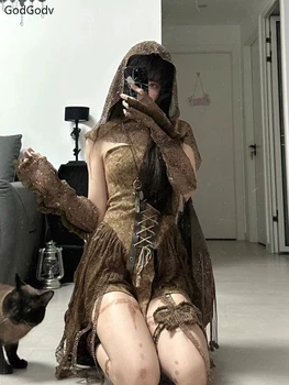Spring Gothic Brown Vintage 3 Piece Set Women Sexy Lace Y2k Party Mini Pants Suit Female Korean Fashion Retro Designer Outfits 1