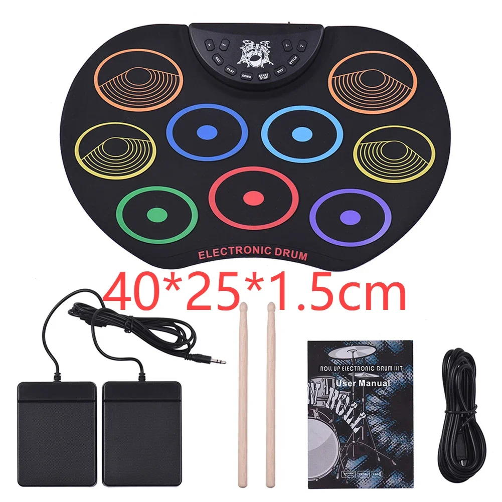Digital Electronic Drum Compact Size USB Foldable Silicon Drums Set 7/9-Pad Drums Digital Drum Kits with Drumsticks Foot Pedals