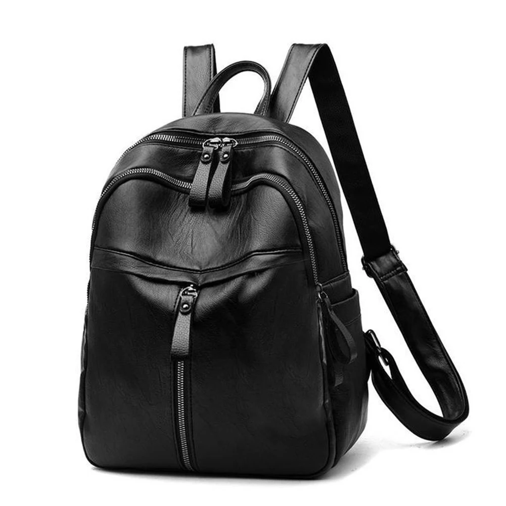 Casual Pure Color Zipper Shoulder Backsacks PU Leather Travel Knapsacks Girls Large Capacity Student Schoolbags