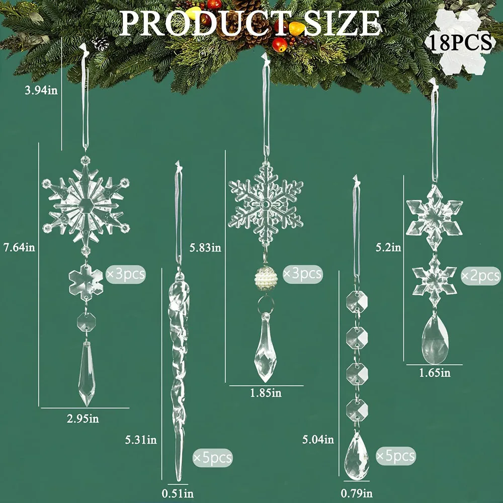 Crystal Christmas Ornaments Hanging Acrylic Christmas Snowflake Icicle Drop Crystal Ornaments Tree Decorations Set 10/12/18PCs