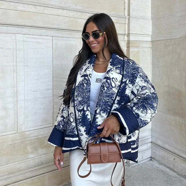 Женская хлопковая куртка с длинным рукавом, свободная теплая куртка с отложным воротником и карманами, с рисунком, зимний сезон 2023