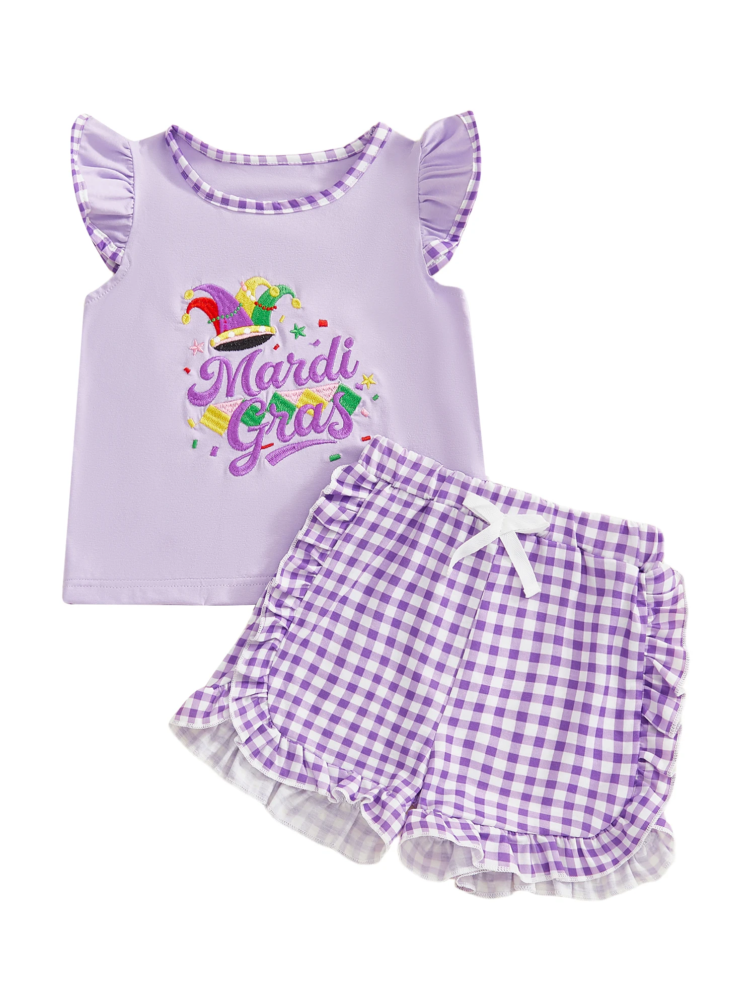 Infant Girl Mardi Gras Costume Embroidered Ruffle Crew Neck Top with Flutter Sleeves and Plaid Shorts 2 Piece Set for Toddlers