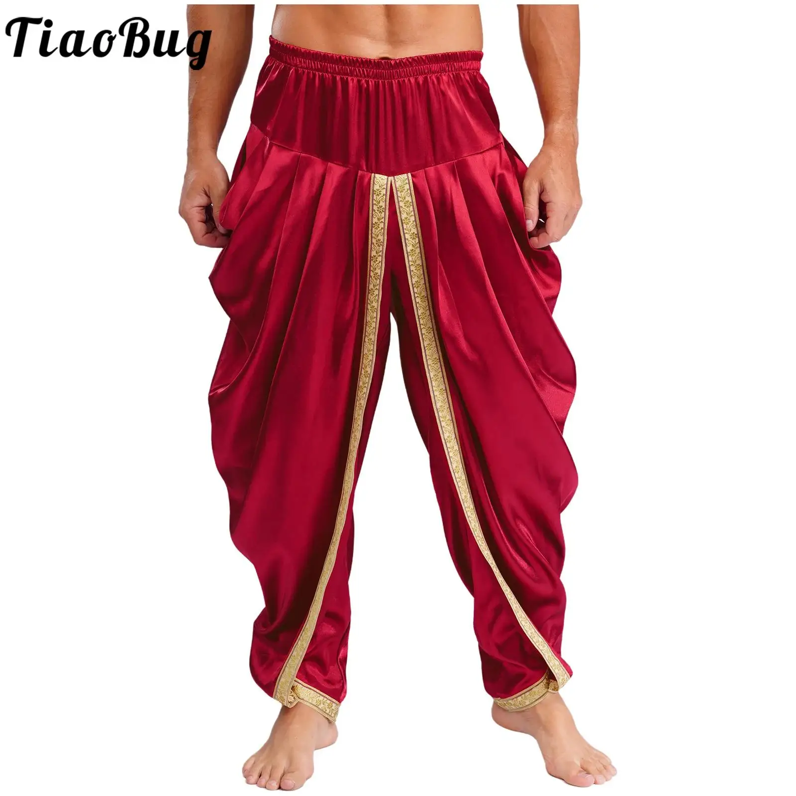 Men Festival Costume Set Cosplay Costume Men Arabian Prince Costume Satin Dhoti Pants Elastic Waistband Draped Baggy Bloomers Adult Halloween Carnival Cosplay Trousers