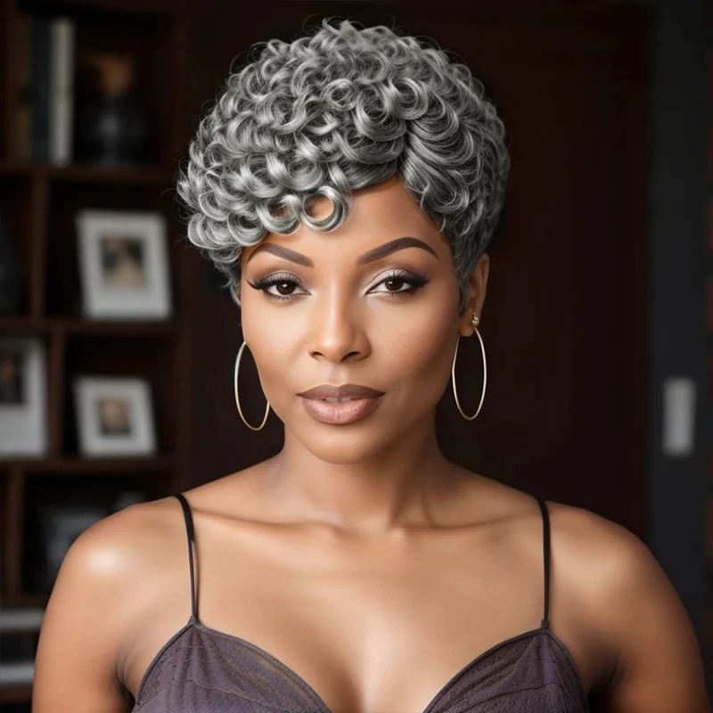 Hairinside Bob Wig Salt and Pepper Silver Grey Short curly Virgin Brazilian Human Hair Wigs For Women Hair curly 200 Density