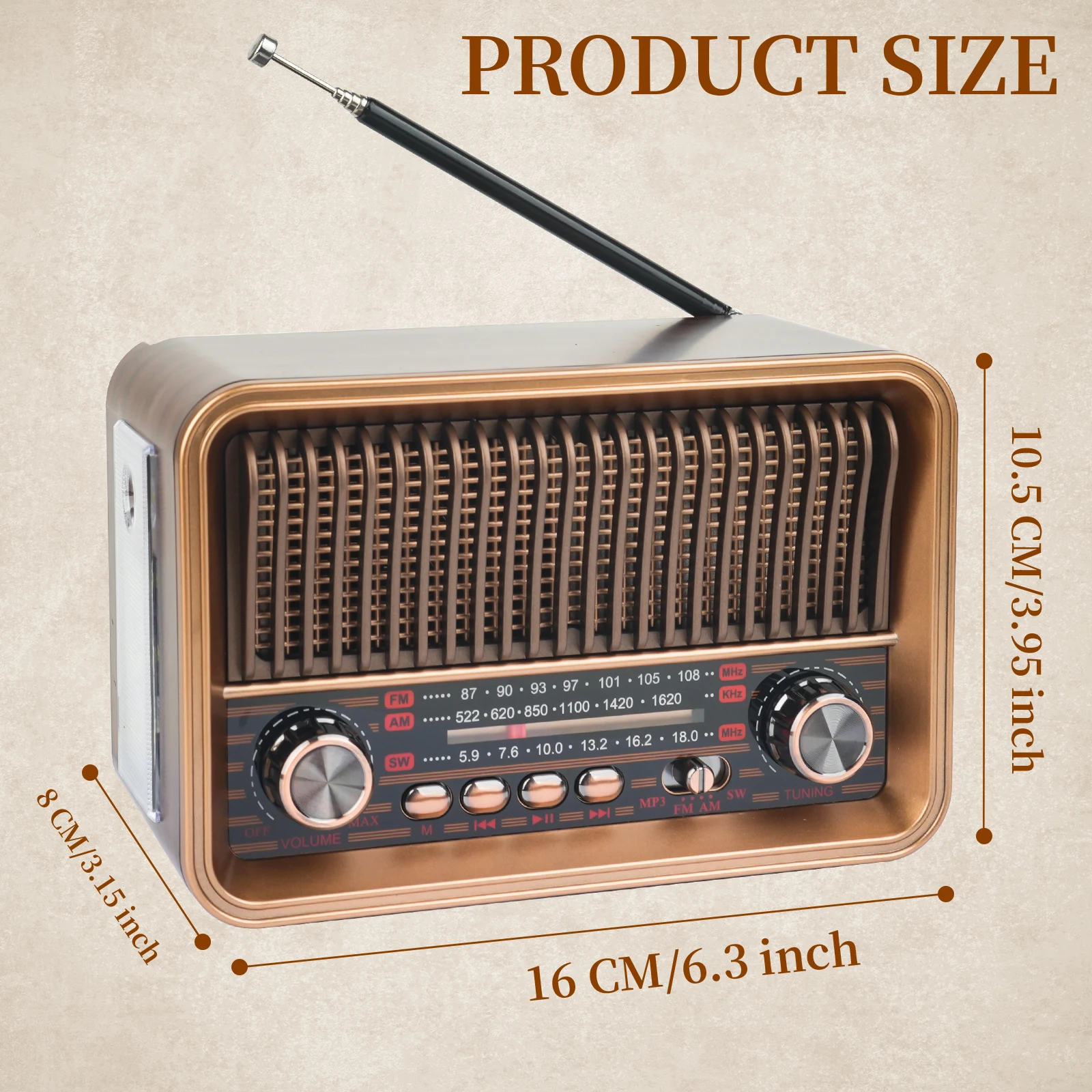 Vintage Wooden Desktop Radio with AM/FM, USB, Rechargeable Battery, and TF Support