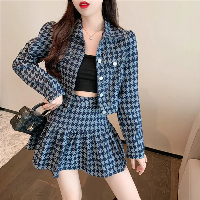 2023Autumn New Vintage Houndstooth Denim Two Piece Sets Women Long Sleeve Lapel Cropped Coat+Mini Pleated Skirt Streetwear Suits girls jeans women s high waist denim jeans loose flared pants stretch wide leg cropped pants wide leg cropped jeans