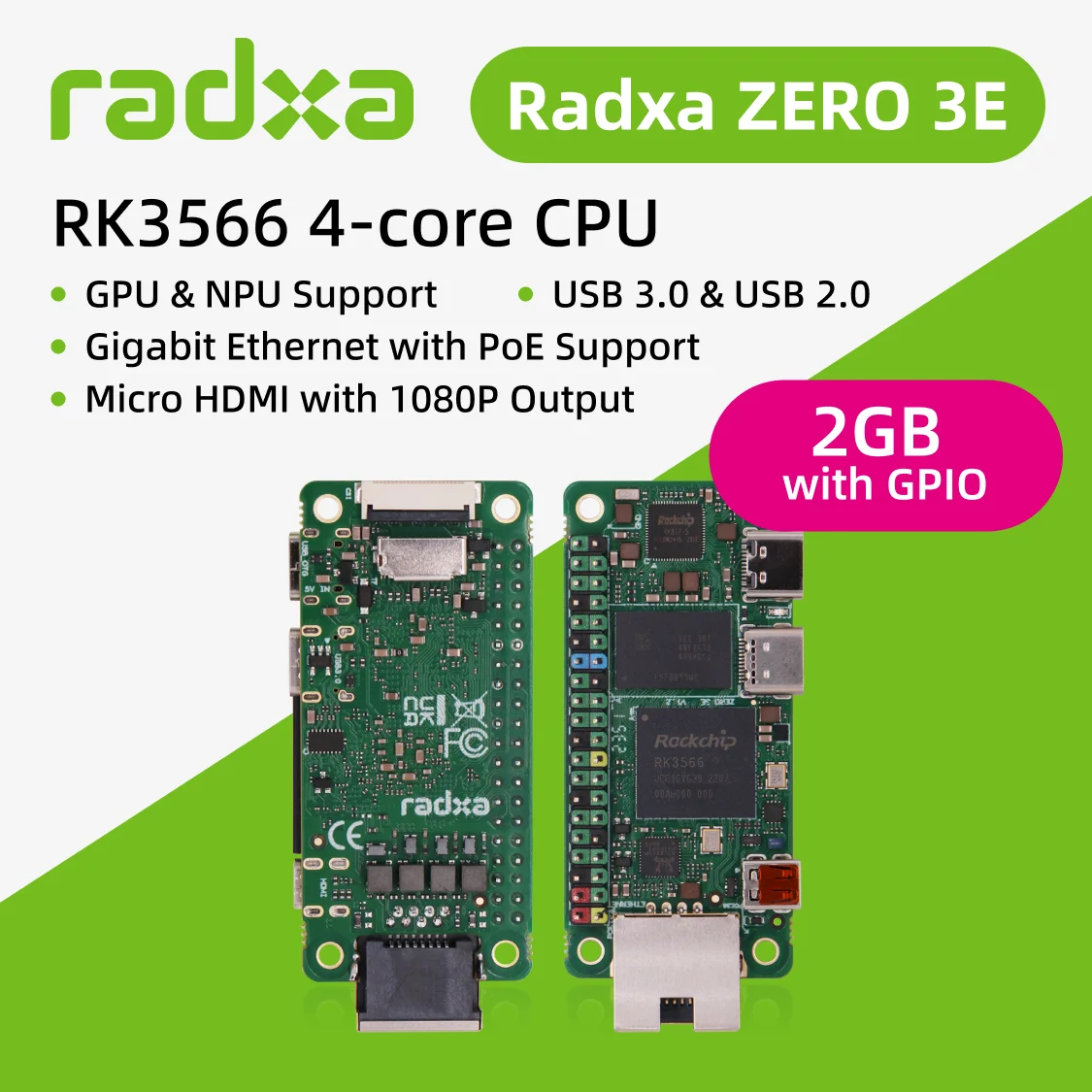 Risa Radxa ZERO 3E RK3566 4-core CPU SBC, GPU, NPU, HDMI with