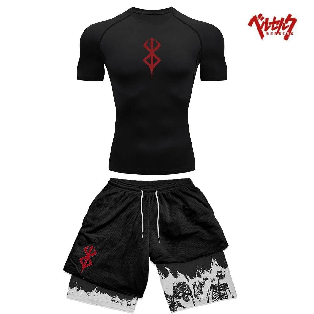 

Anime Berserk Compression Set Guts Print Sportwear for Men Quick Dry Gym Shorts+Shirt 2PCS Running Workout Summer Sport Suit