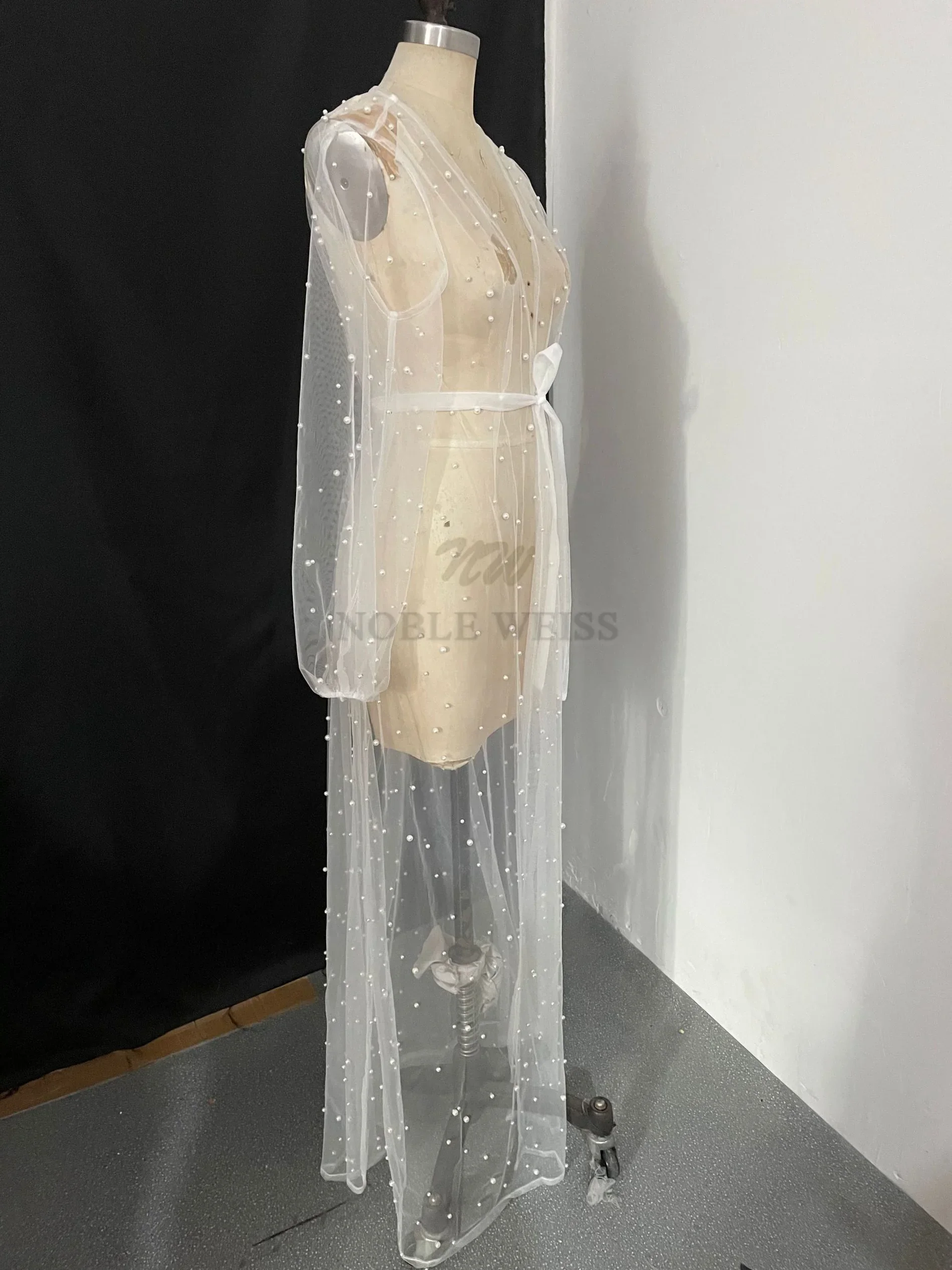Pearl Long Sleeve Wedding Jacket Tulle Party Shawl BOLERO Floor-Length Bridal Cape Sexy pearl robe Customized
