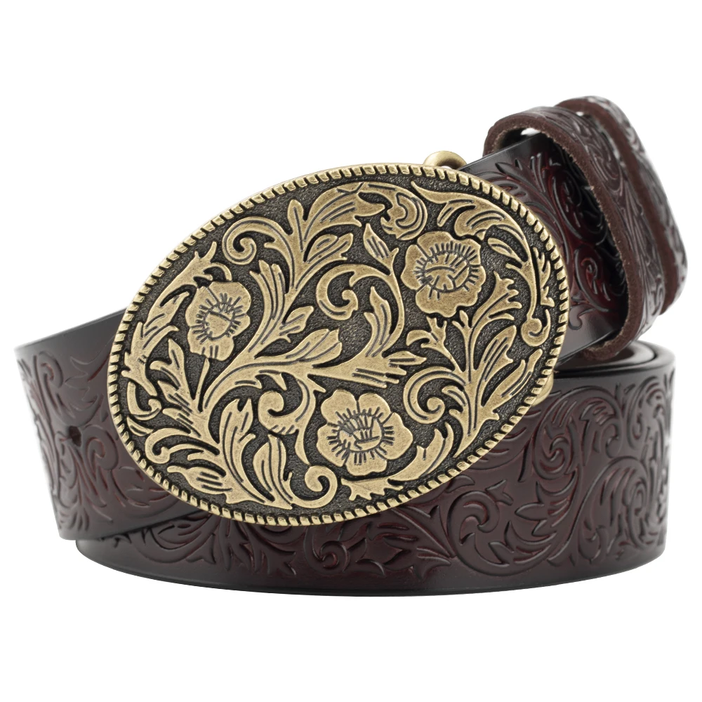 Tang Grass Pattern Embossed Leather Belt Fashion for Men Youth