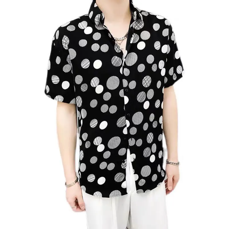 Elegant Fashion Harajuku Slim Fit Ropa Hombre Loose Casual Sport All Match Tops Pointed Collar Button Printed Short Sleeve Blusa