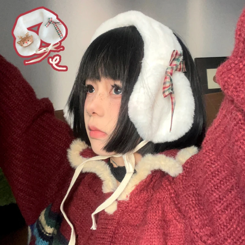 

Рождественский Дух, милые белые наушники с бантом, вырез, двойного назначения, милая теплая девушка, кавайные олени, Фотофон, Рождественская елка, зима