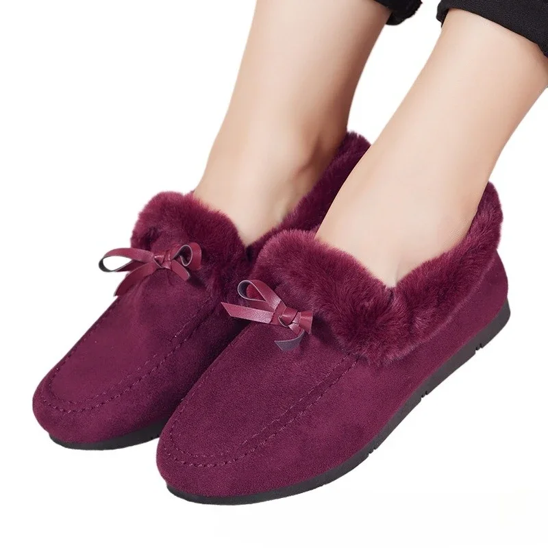 2025 Women Winter Casual Shoes New Soft Flat Non-slip Loafers Fashion Comfort Warm Plush Bow Slip on Female Casual Cotton Shoes