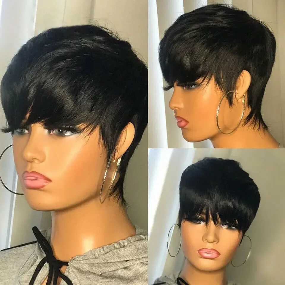 Short Pixie Cut Wigs for Black Women Cut Short Wavy Layered Natural Machine Human hair wigs