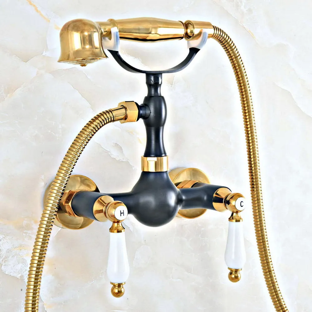 

Gold & Black Oil Rubbed Brass Wall Mount Bathtub Faucet with Handheld Shower Set +1.5M Hose Mixer Tap 2na423